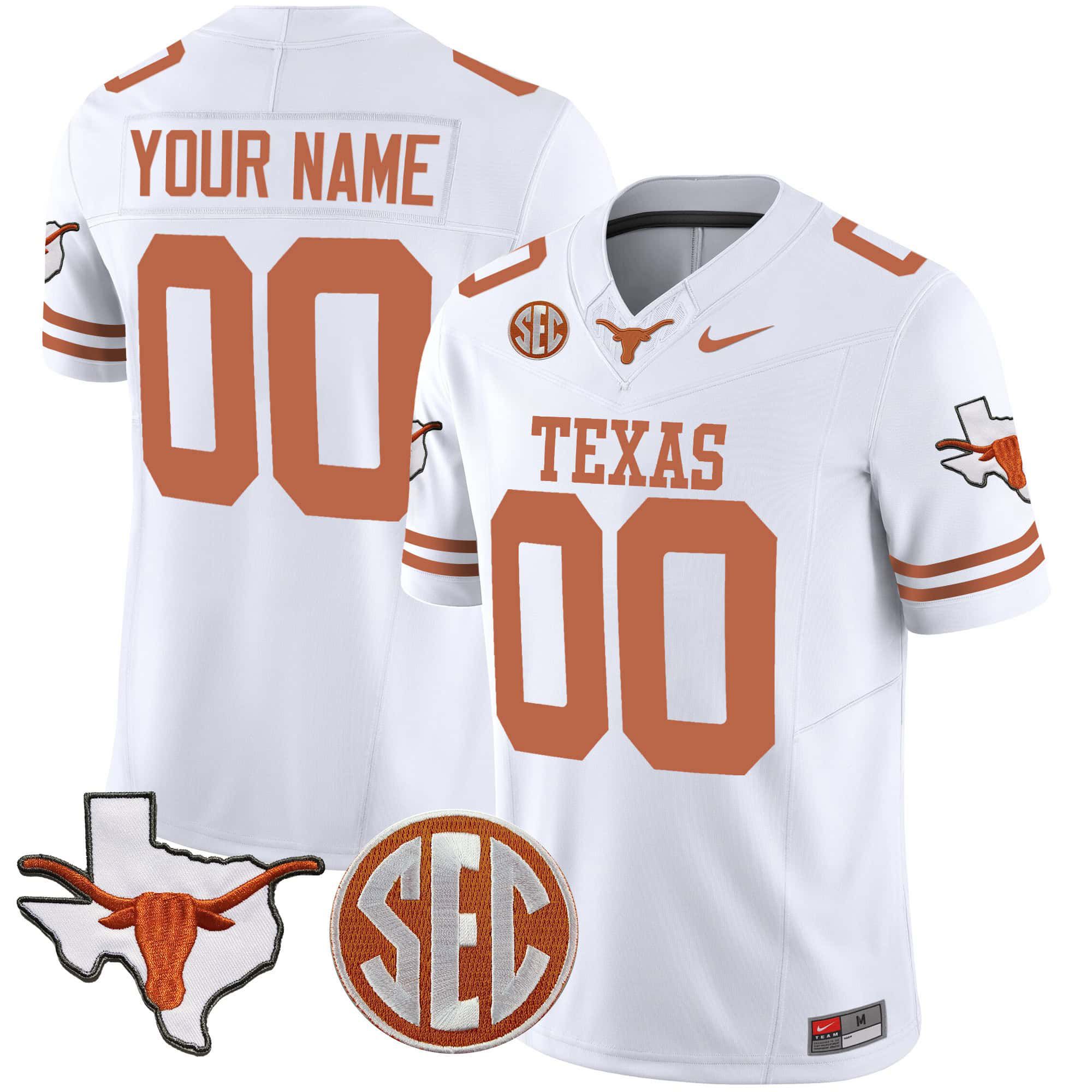 Men Texas Longhorns White 2024 Nike State Map & SEC Patch Vapor Custom NCAA Jersey